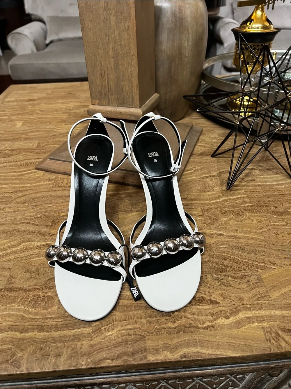 Zara White Open-Toe High Heel Sandals with Silver Bead Detail - Picture 4 of 5